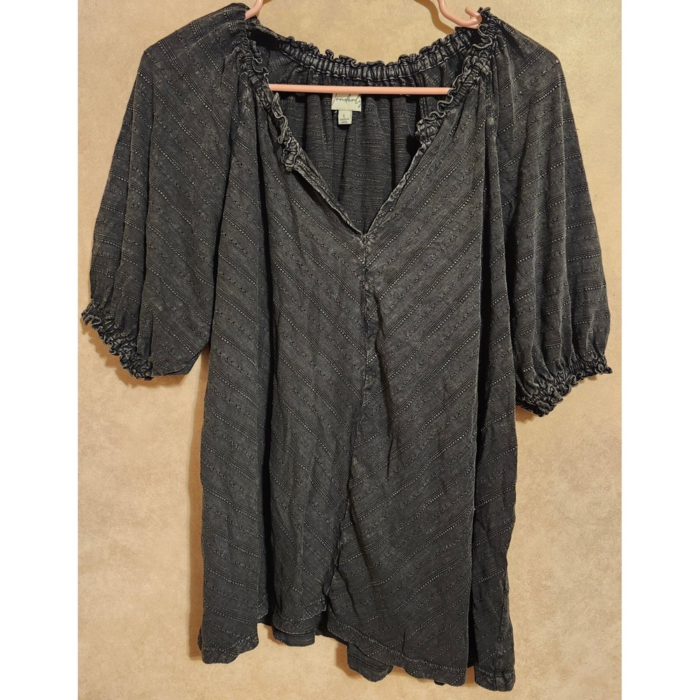 Wonderly Grey Cotton Textured Eyelet V-Neck Puff Sleeve Blouse Top Large